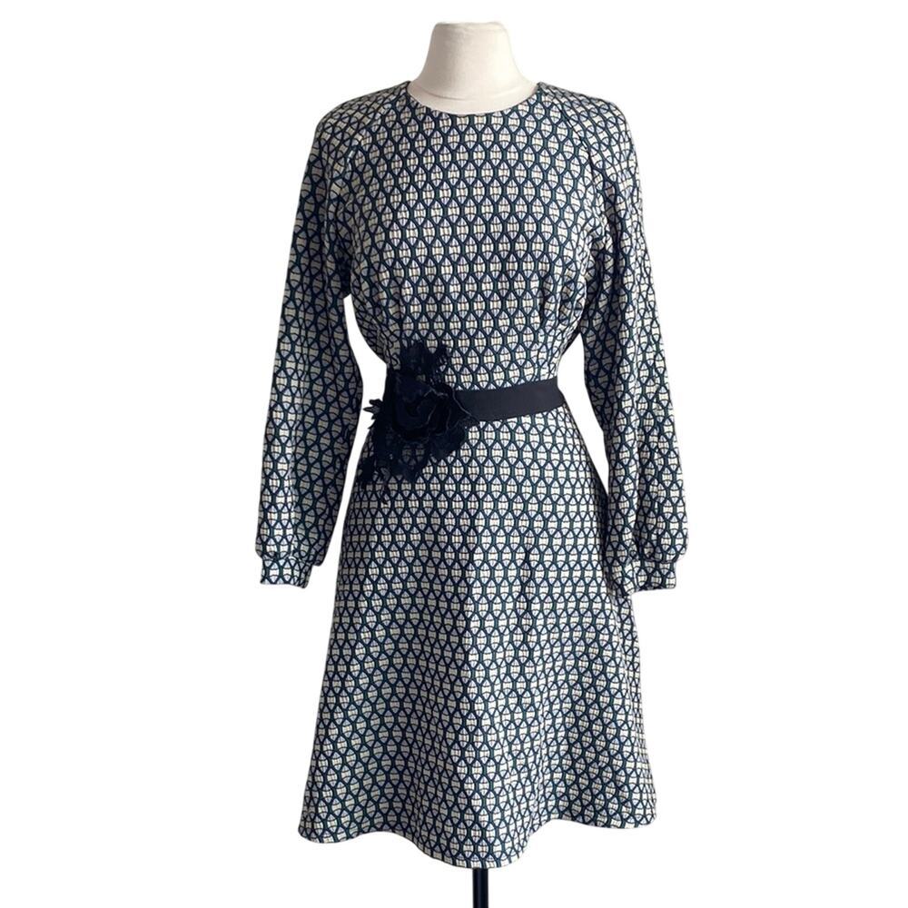 IREN KLAIRIE Fit & Flare Dress Womens Sz 12 Geometric Print Floral Tie Waist